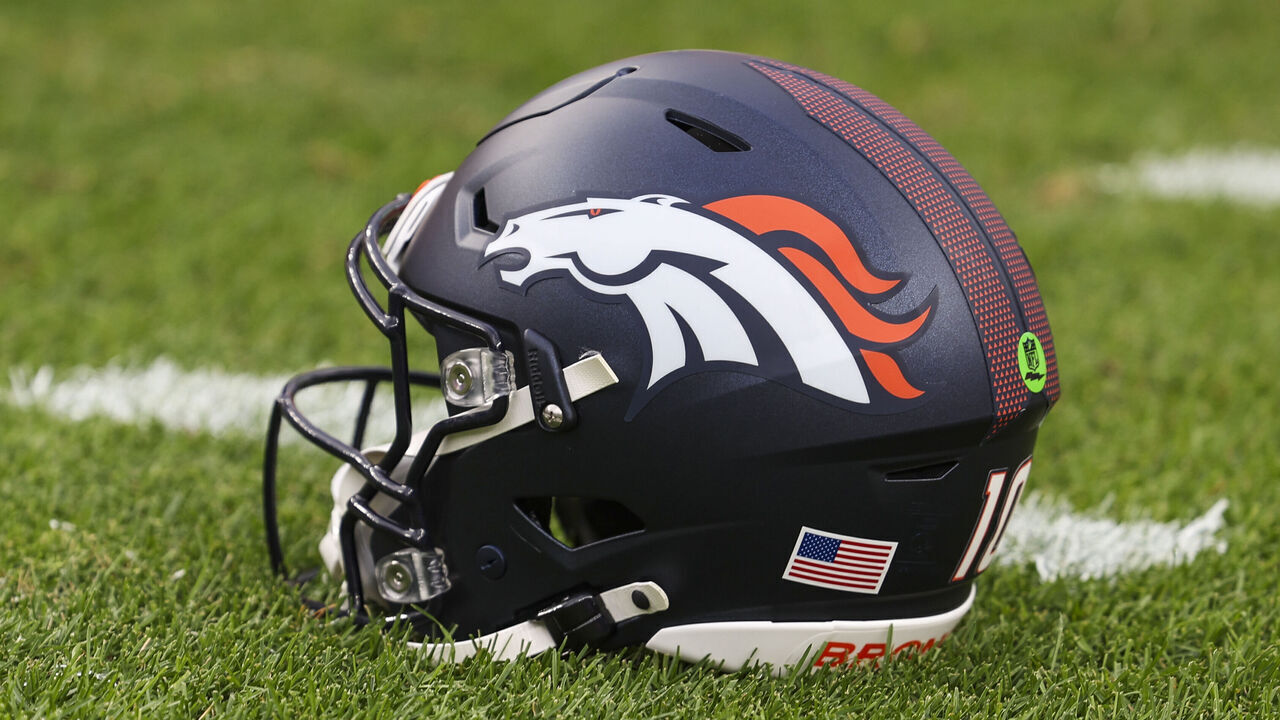 DENVER, CO - AUGUST 18: Detailed view of a Denver Broncos helmet prior to an NFL football game between the Green Bay Packers and the Denver Broncos at Empower Field at Mile High on August 18, 2024 in Denver, CO.