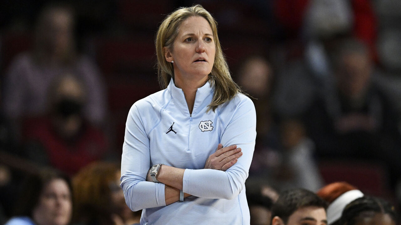 COLUMBIA, SOUTH CAROLINA - MARCH 22: Head coach Courtney Banghart of the North Carolina Tar Heels looks on against the Michigan State Spartans in the fourth quarter during the first round of the NCAA Women’s Basketball Tournament at Colonial Life Arena on March 22, 2024 in Columbia, South Carolina.