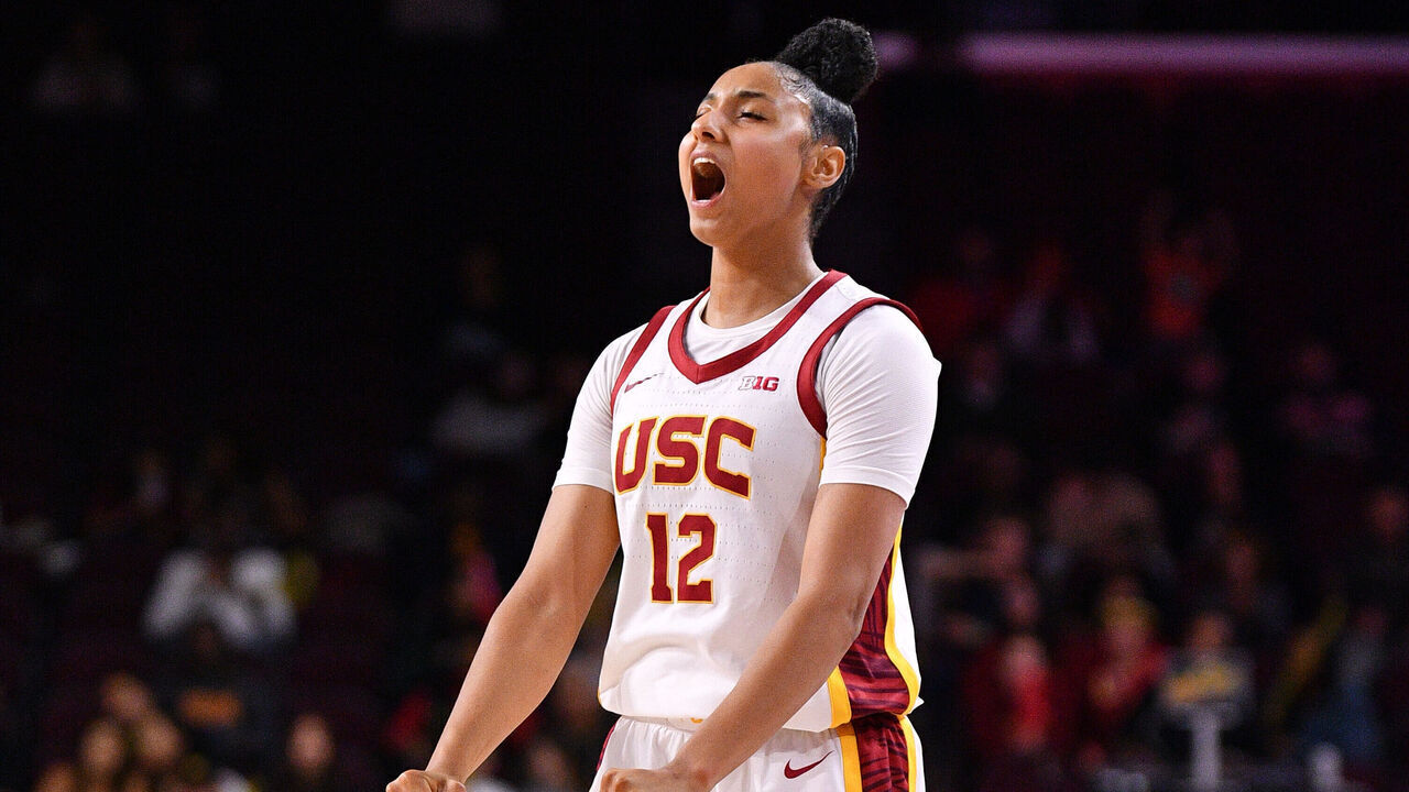 LOS ANGELES, CA - NOVEMBER 12: USC Trojans guard JuJu Watkins (12) celebrates during the women's college basketball game between the Cal State Northridge Matadors and the USC Trojans on November 12, 2024 at Galen Center in Los Angeles, CA.