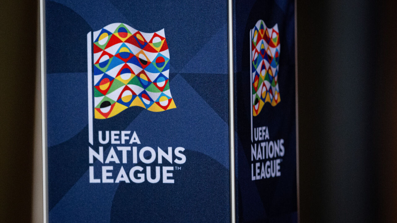 OSLO, NORWAY - SEPTEMBER 9: UEFA Nations League logo seen during the UEFA Nations League 2024/25 League B Group B3 match between Norway and Austria at the Ullevaal Stadion on September 9, 2024 in Oslo, Norway.