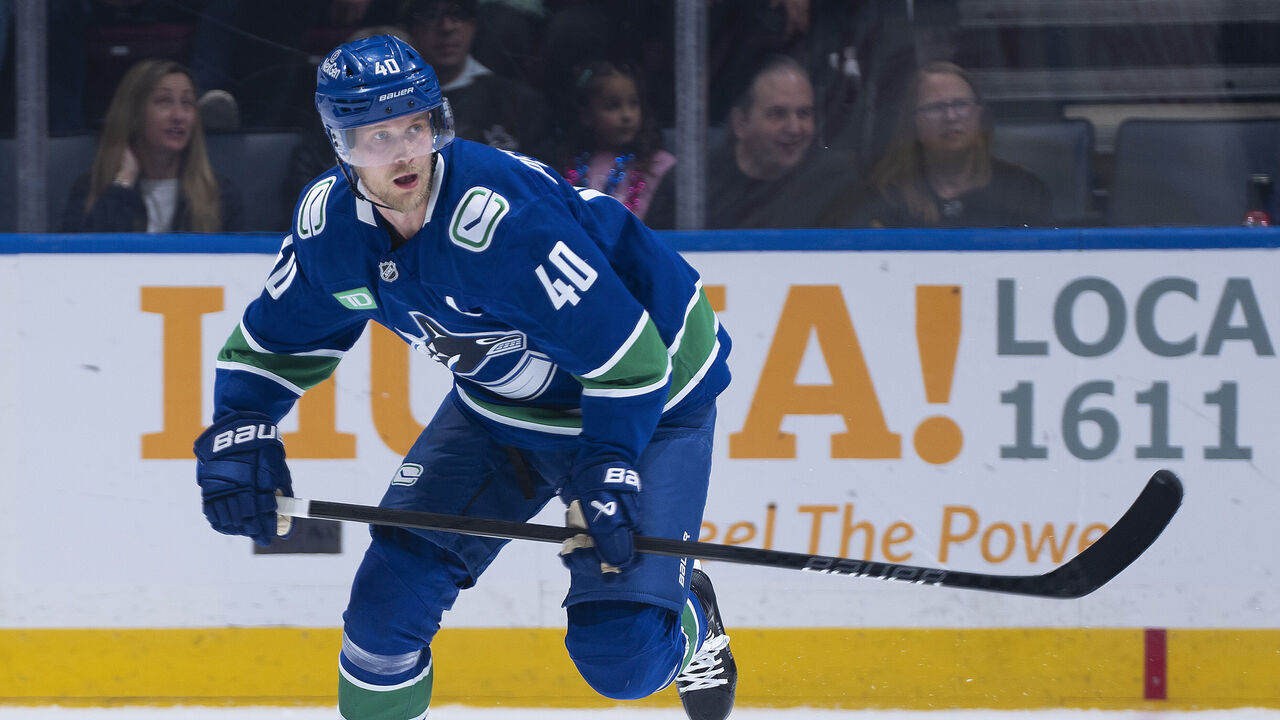 VANCOUVER, CANADA - OCTOBER 9: Elias Pettersson #40 of the Vancouver Canucks skates up ice during their NHL game against the Calgary Flames at Rogers Arena on October 9, 2024 in Vancouver, British Columbia, Canada.