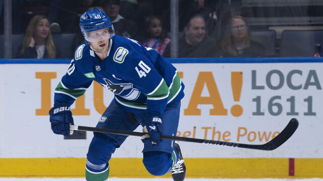 VANCOUVER, CANADA - OCTOBER 9: Elias Pettersson #40 of the Vancouver Canucks skates up ice during their NHL game against the Calgary Flames at Rogers Arena on October 9, 2024 in Vancouver, British Columbia, Canada.