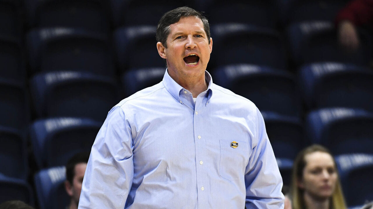 VILLANOVA, PA - MARCH 18: Head coach Karl Smesko of the Florida Gulf Coast Eagles reacts from the sidelines during the first round of the 2023 NCAA Women's Basketball Tournament held at Finneran Pavilion on March 18, 2023 in Villanova, Pennsylvania.