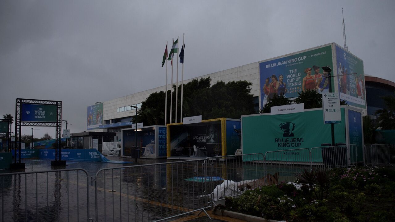 A picture taken on November 13, 2024 shows a view of the Palacio de Deportes Jose Maria Martin Carpena in Malaga closed due to heavy rain. The start of the Billie Jean King Cup tennis finals between Spain and Poland in the southern city was postponed due to heavy rain.