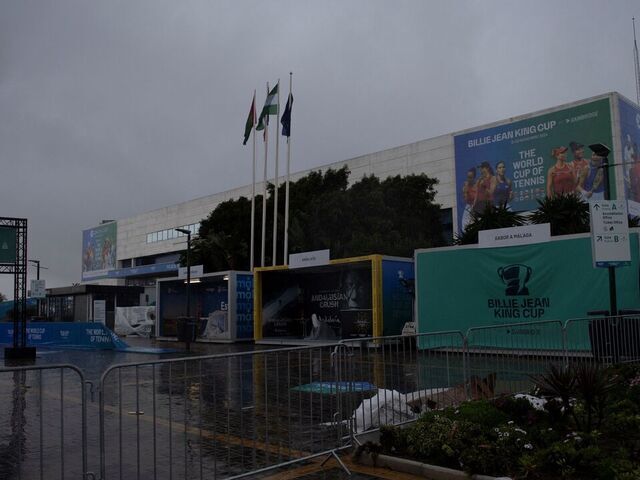 A picture taken on November 13, 2024 shows a view of the Palacio de Deportes Jose Maria Martin Carpena in Malaga closed due to heavy rain. The start of the Billie Jean King Cup tennis finals between Spain and Poland in the southern city was postponed due to heavy rain.