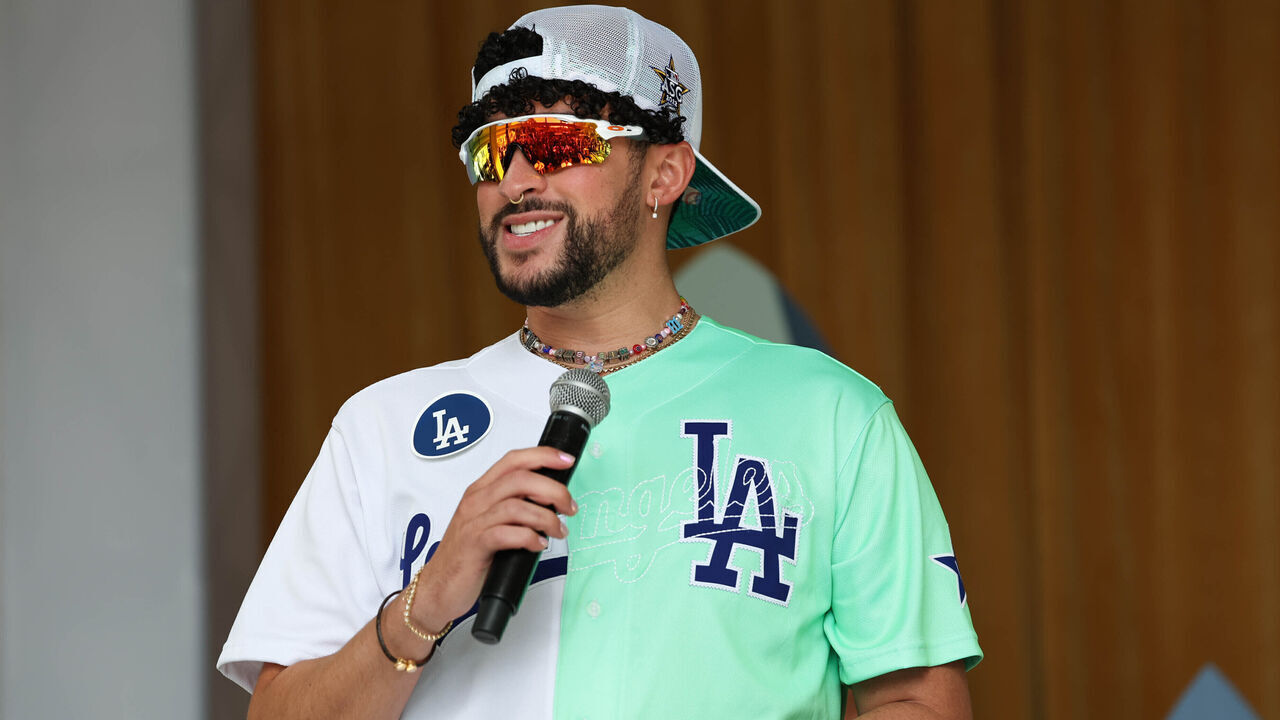 LOS ANGELES, CA - JULY 16: Bad Bunny speaks during the Batting Practice Hospitality & Media for MGM All-Star Celebrity Softball Game at Dodger Stadium on Saturday, July 16, 2022 in Los Angeles, California.