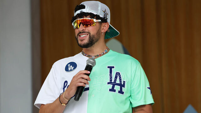 LOS ANGELES, CA - JULY 16: Bad Bunny speaks during the Batting Practice Hospitality & Media for MGM All-Star Celebrity Softball Game at Dodger Stadium on Saturday, July 16, 2022 in Los Angeles, California.