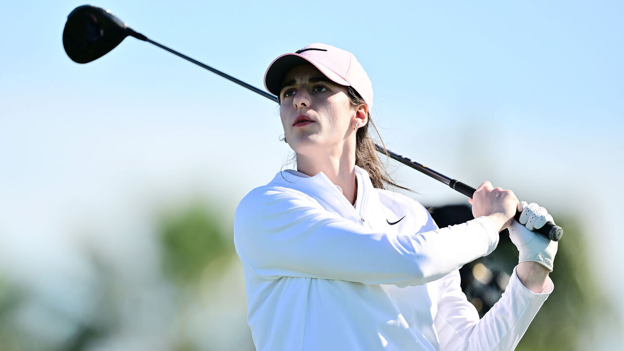 BELLEAIR, FLORIDA - NOVEMBER 13: Professional basketball player Caitlin Clark plays her shot from the 14th tee prior to The ANNIKA driven by Gainbridge at Pelican 2024 at Pelican Golf Club on November 13, 2024 in Belleair, Florida.