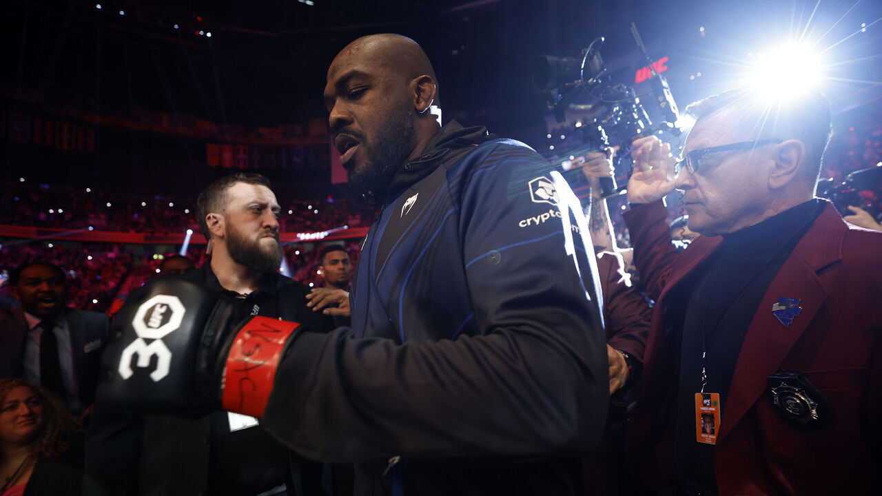 LAS VEGAS, NEVADA - MARCH 04: Jon Jones looks on during the UFC heavyweight championship fight against Ciryl Gane of France during the UFC 285 event at T-Mobile Arena on March 04, 2023 in Las Vegas, Nevada.