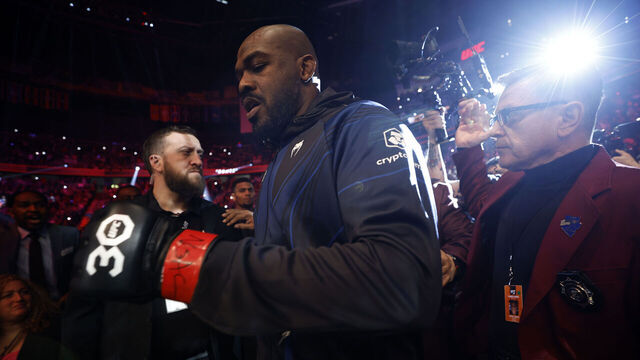 LAS VEGAS, NEVADA - MARCH 04: Jon Jones looks on during the UFC heavyweight championship fight against Ciryl Gane of France during the UFC 285 event at T-Mobile Arena on March 04, 2023 in Las Vegas, Nevada.