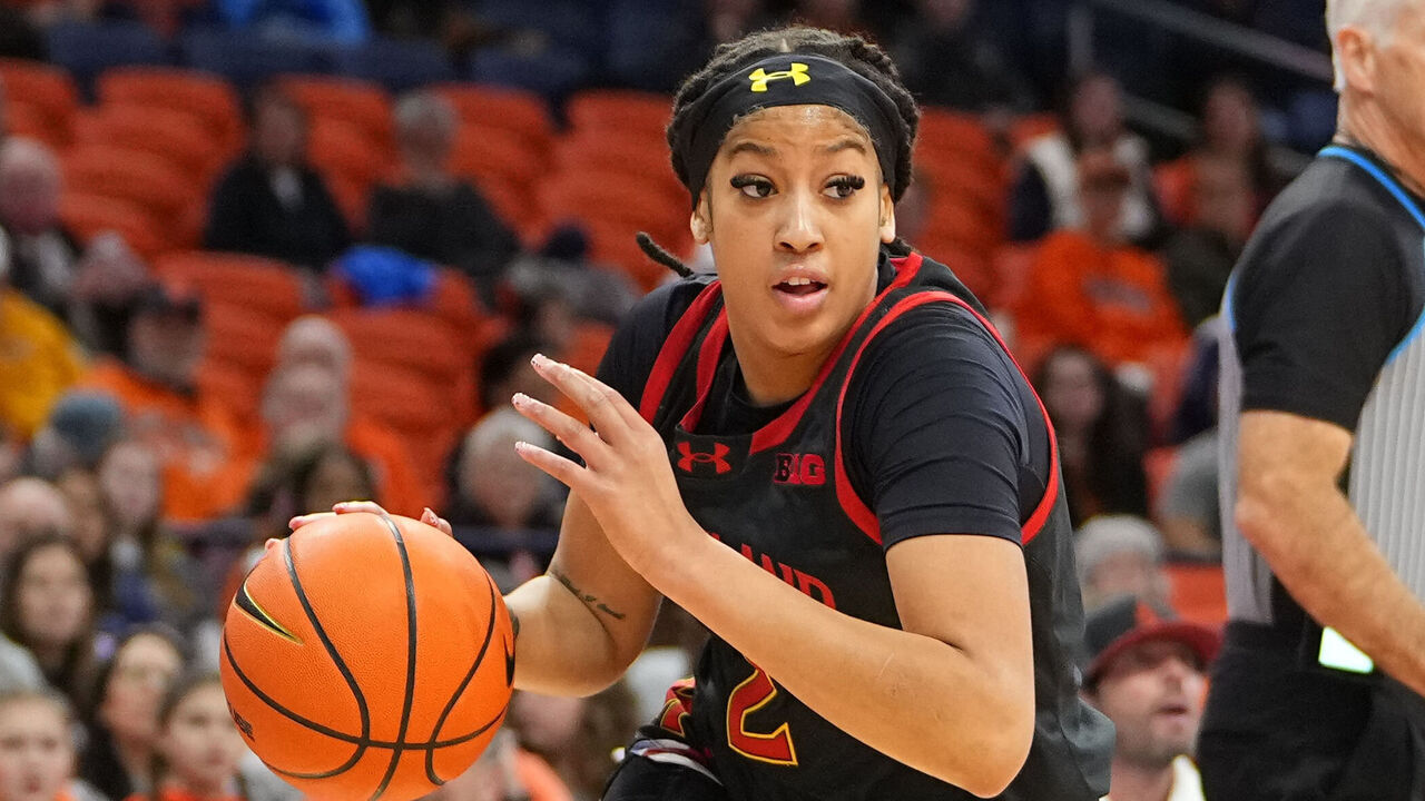 SYRACUSE, NY - NOVEMBER 13: Maryland Terrapins Guard Kaylene Smikle (2) dribbles the ball towards the basket during the first half of the Women's College Basketball game between the Maryland Terrapins and the Syracuse Orange on November 13, 2024, at the JMA Wireless Dome in Syracuse, NY.