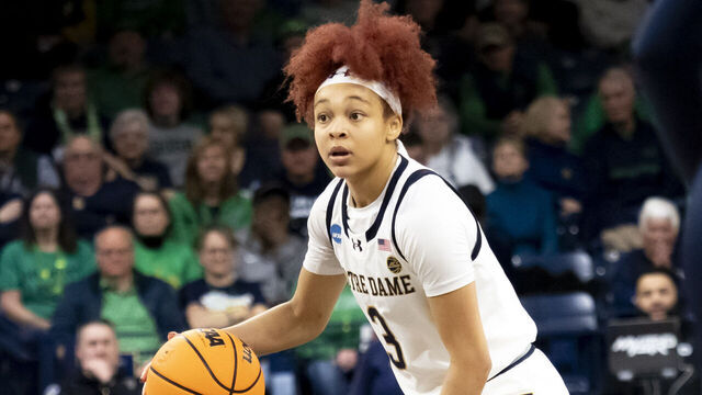 SOUTH BEND, IN - MARCH 25: Notre Dame Fighting Irish guard Hannah Hidalgo (3) dribbles the ball down court during the game between the Ole Miss Rebels and the Notre Dame Fighting Irish in the second round of the NCAA Division I Women's Championship on March 25, 2024 at Purcell Pavilion in South Bend, Indiana.