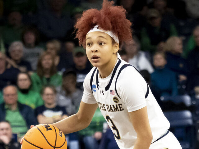 SOUTH BEND, IN - MARCH 25: Notre Dame Fighting Irish guard Hannah Hidalgo (3) dribbles the ball down court during the game between the Ole Miss Rebels and the Notre Dame Fighting Irish in the second round of the NCAA Division I Women's Championship on March 25, 2024 at Purcell Pavilion in South Bend, Indiana.