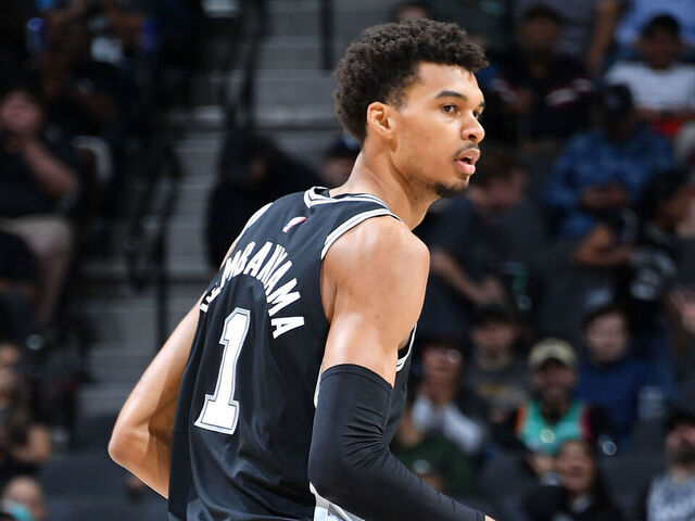 SAN ANTONIO, TX - NOVEMBER 13: Victor Wembanyama #1 of the San Antonio Spurs looks on during the game against the Washington Wizards on November 13, 2024 at the Frost Bank Center in San Antonio, Texas. Mandatory Copyright Notice: Copyright 2024 NBAE (Photos by Michael Gonzales/NBAE via Getty Images)