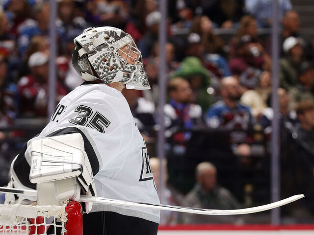 DENVER, COLORADO - NOVEMBER 13: Goaltender Darcy Kuemper #35 of the Los Angeles Kings looks up during a pause in play against the Colorado Avalanche at Ball Arena on November 13, 2024 in Denver, Colorado.