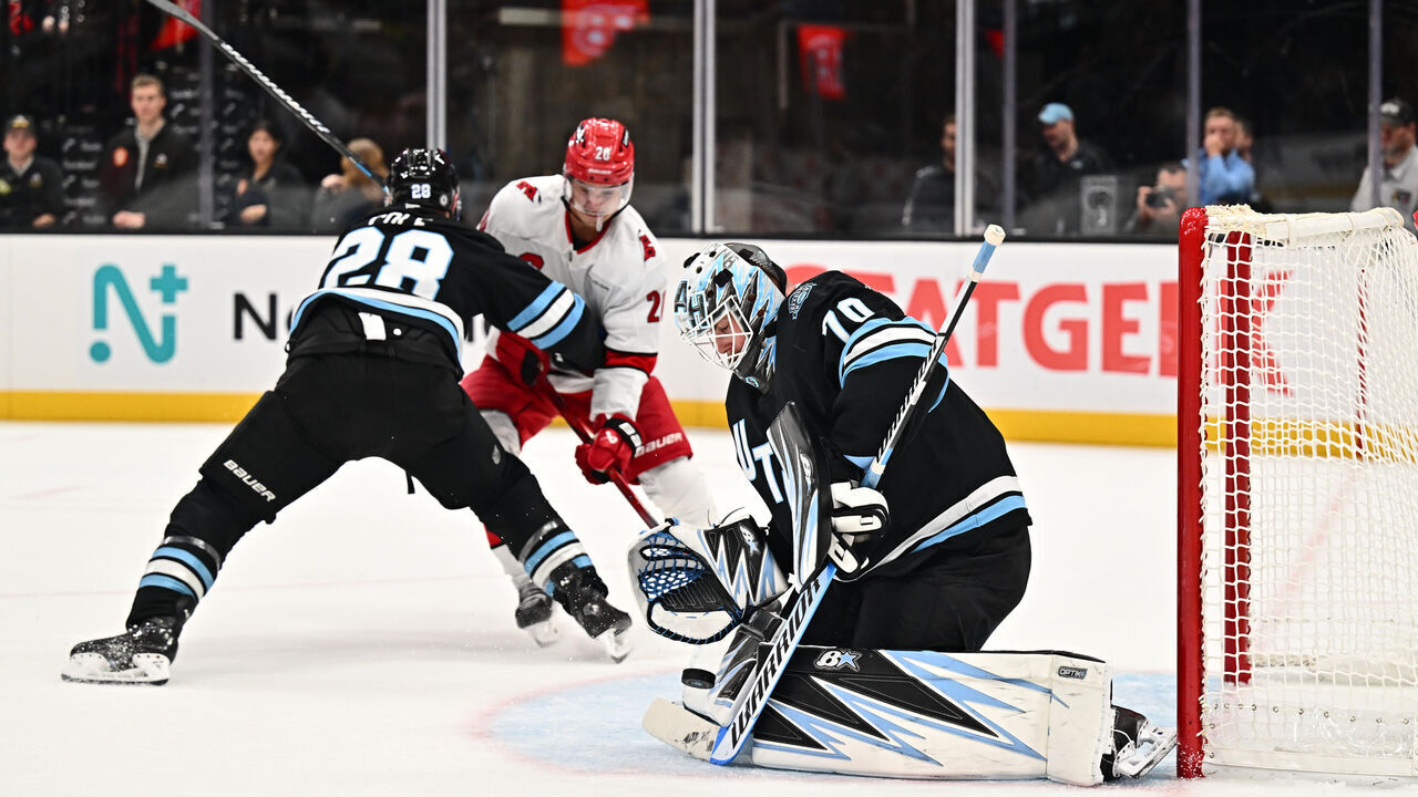 SALT LAKE CITY, UTAH - NOVEMBER 13: Goaltender Karel Vejmelka #70 of the Utah Hockey Club defends the net during the second period of a game against the Carolina Hurricanes on November 13, 2024 at Delta Center in Salt Lake City, Utah.