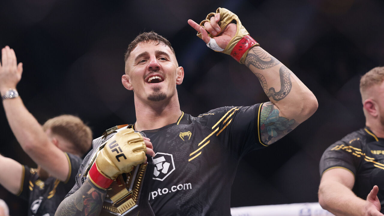 Tom Aspinall becomes heavyweight champion after beating Curtis Blaydes during the Heavyweight bout at the Co-op Live Arena, Manchester. Picture date: Sunday July 28, 2024.