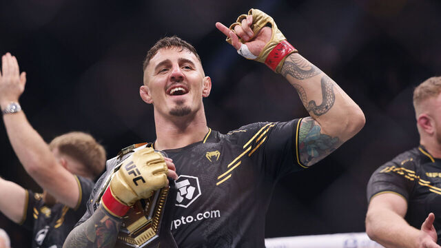 Tom Aspinall becomes heavyweight champion after beating Curtis Blaydes during the Heavyweight bout at the Co-op Live Arena, Manchester. Picture date: Sunday July 28, 2024.