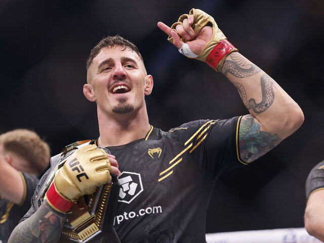 Tom Aspinall becomes heavyweight champion after beating Curtis Blaydes during the Heavyweight bout at the Co-op Live Arena, Manchester. Picture date: Sunday July 28, 2024.