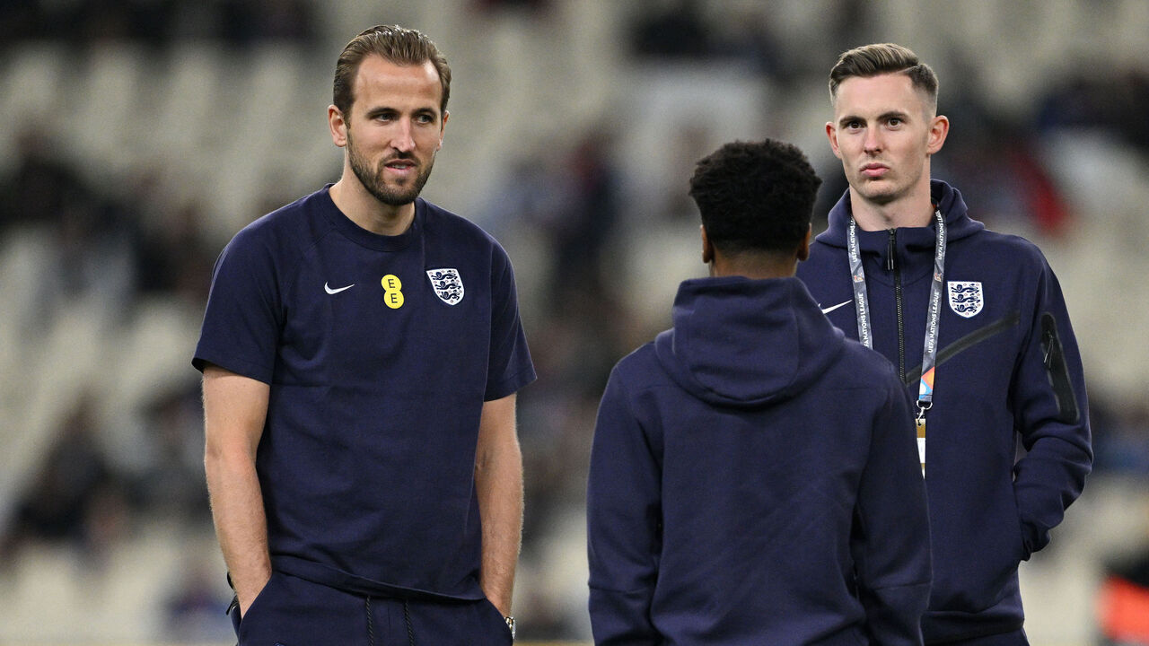 ATHENS, GREECE - NOVEMBER 14: Harry Kane and Dean Henderson of England inspect the pitch prior to the UEFA Nations League 2024/25 League B Group B2 match between Greece and England at Athens Olympic Stadium on November 14, 2024 in Athens, Greece.