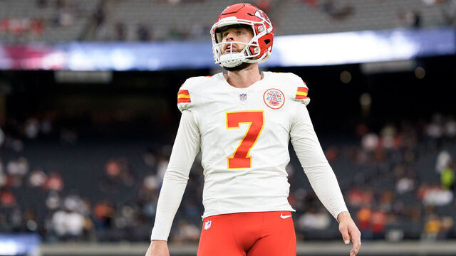 LAS VEGAS, NEVADA - OCTOBER 27: Place kicker Harrison Butker #7 of the Kansas City Chiefs warms up prior to an NFL football game against the Las Vegas Raiders, at Allegiant Stadium on October 27, 2024 in Las Vegas, Nevada.