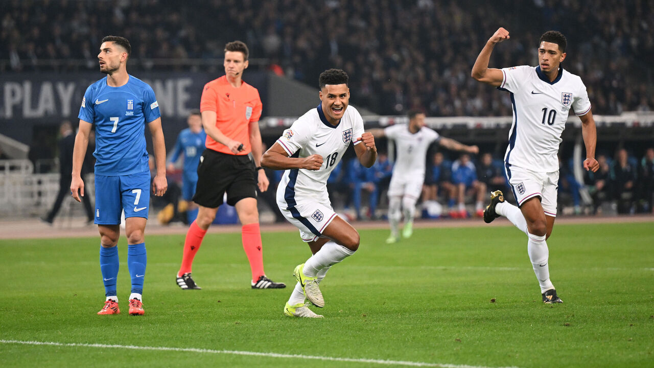 ATHENS, GREECE - NOVEMBER 14: Ollie Watkins of England celebrates scoring his team's first goal during the UEFA Nations League 2024/25 League B Group B2 match between Greece and England at Athens Olympic Stadium on November 14, 2024 in Athens, Greece.
