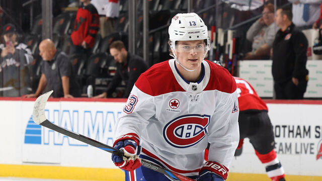 NEWARK, NJ - NOVEMBER 07: Cole Caufield #13 of the Montreal Canadiens skates during warm up prior to the game against the New Jersey Devils at the Prudential Center on November 7, 2024 in Newark, New Jersey.