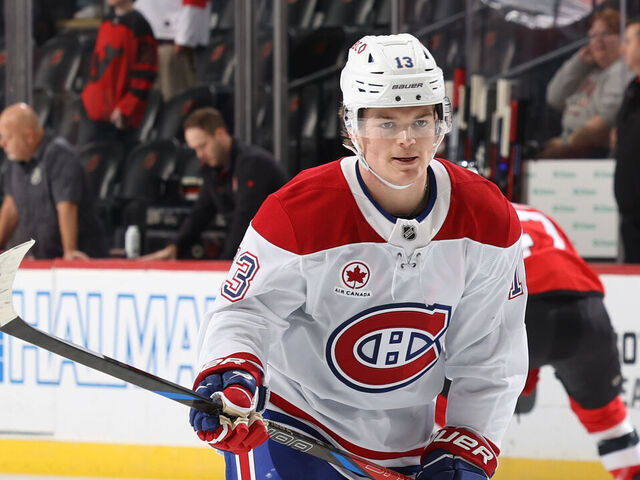 NEWARK, NJ - NOVEMBER 07: Cole Caufield #13 of the Montreal Canadiens skates during warm up prior to the game against the New Jersey Devils at the Prudential Center on November 7, 2024 in Newark, New Jersey.