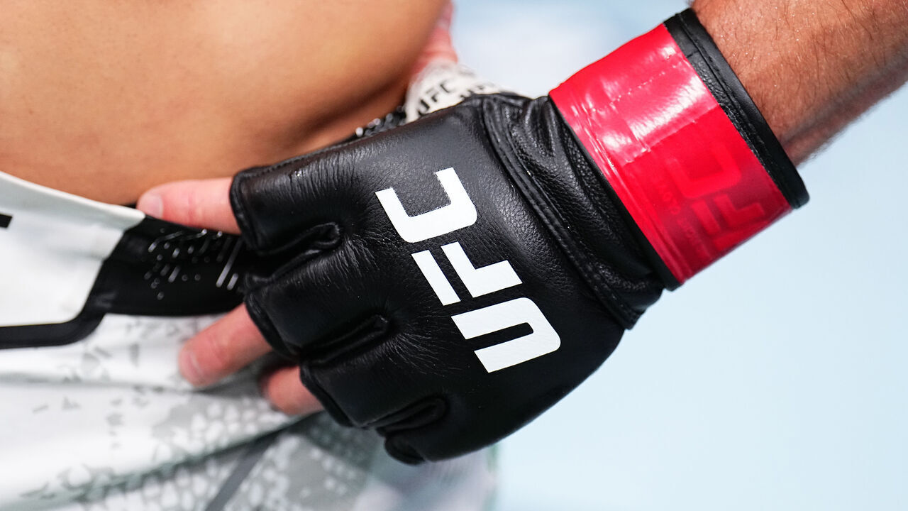 ANAHEIM, CALIFORNIA - FEBRUARY 17: Detail view of the gloves of Oban Elliott of England during the UFC 298 event at Honda Center on February 17, 2024 in Anaheim, California.