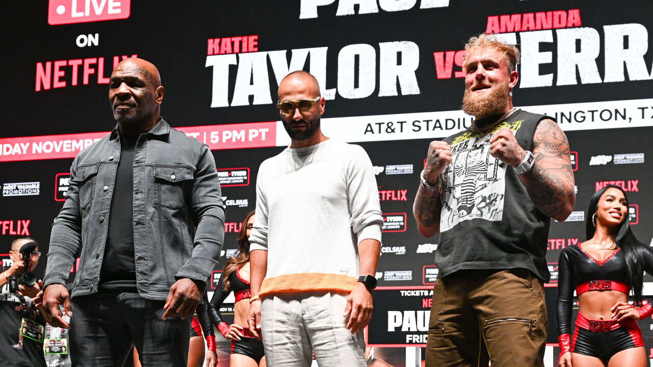 IRVING, TEXAS - NOVEMBER 13: Mike Tyson and Jake Paul pose at a press conference at the Toyota Music Factory in Irving, Texas on November 13, 2024 for their heavyweight world titles of the Premiere Boxing Championship which will be on November 15 Friday night at AT&T Stadium in Arlington, Texas, United States.
