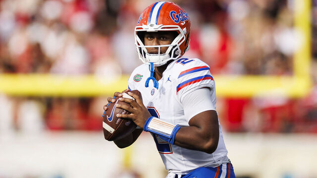 JACKSONVILLE, FLORIDA - NOVEMBER 02: DJ Lagway #2 of the Florida Gators warms up during the first half of a game against the Georgia Bulldogs at EverBank Stadium on November 02, 2024 in Jacksonville, Florida.