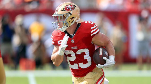 TAMPA, FL - NOVEMBER 10: San Francisco 49ers Running Back Christian McCaffrey (23) runs the ball during the game between the San Francisco 49ers and the Tampa Bay Buccaneers on November 10, 2024 at Raymond James Stadium in Tampa, Florida.