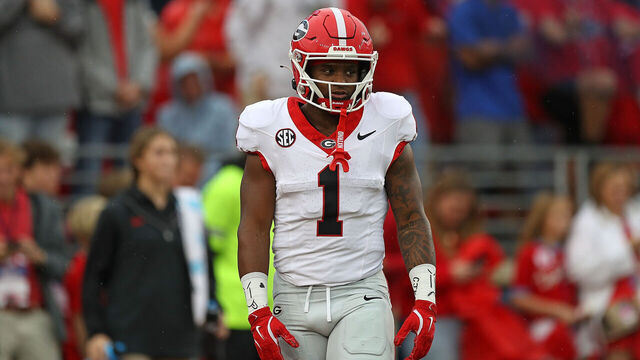 OXFORD, MISSISSIPPI - NOVEMBER 09: Trevor Etienne #1 of the Georgia Bulldogs warms up before the game against the Mississippi Rebels at Vaught-Hemingway Stadium on November 09, 2024 in Oxford, Mississippi.