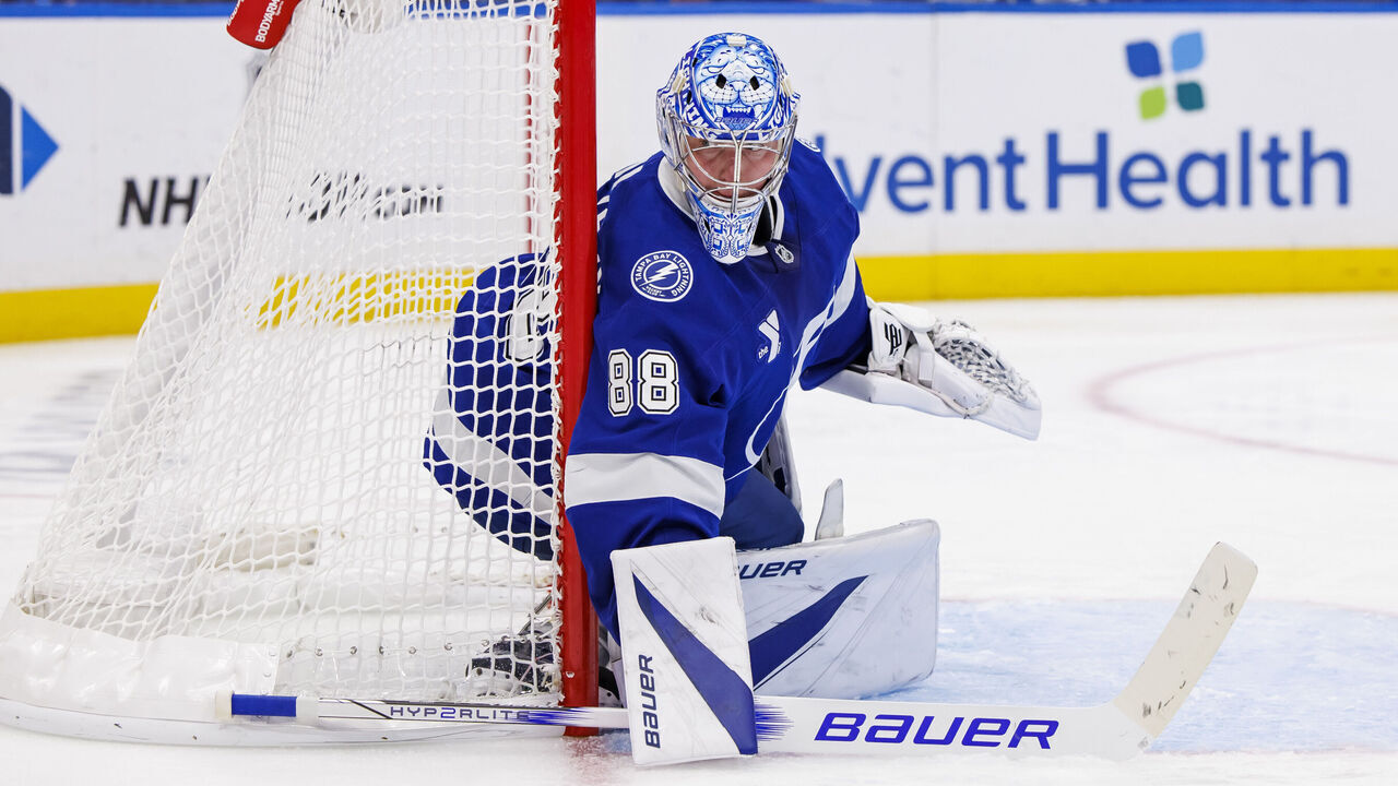 TAMPA, FL - NOVEMBER 14: Goalie Andrei Vasilevskiy #88 of the Tampa Bay Lightning tends net against the Winnipeg Jets during the second period at Amalie Arena on November 14, 2024 in Tampa, Florida.