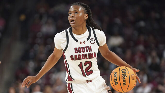 COLUMBIA, SOUTH CAROLINA - NOVEMBER 14: MiLaysia Fulwiley #12 of the South Carolina Gamecocks dribbles the ball during an NCAA women's basketball game against Coppin State Eagles at Colonial Life Arena on November 14, 2024 in Columbia, South Carolina.