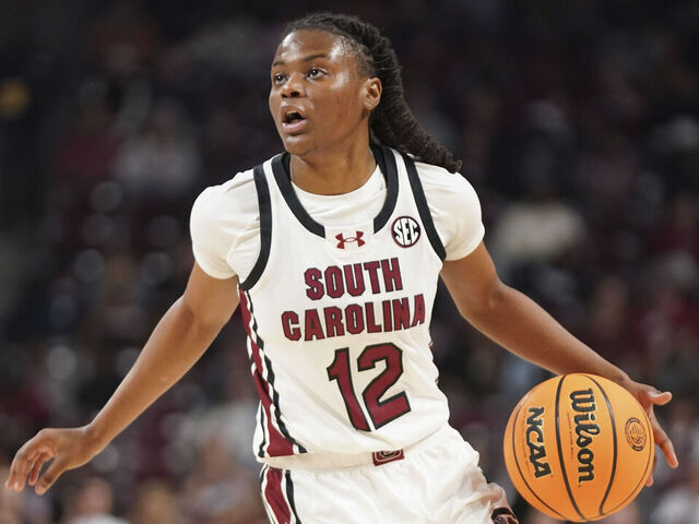 COLUMBIA, SOUTH CAROLINA - NOVEMBER 14: MiLaysia Fulwiley #12 of the South Carolina Gamecocks dribbles the ball during an NCAA women's basketball game against Coppin State Eagles at Colonial Life Arena on November 14, 2024 in Columbia, South Carolina.
