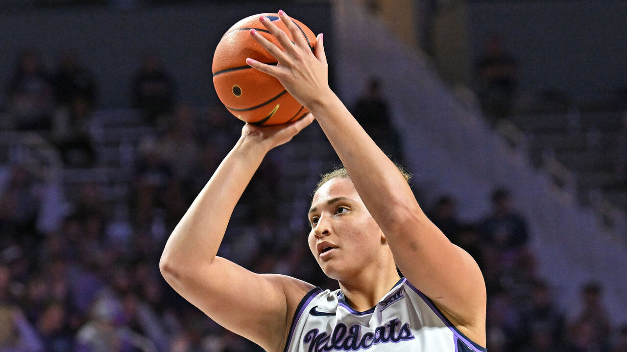 MANHATTAN, KS - NOVEMBER 14: Ayoka Lee #50 of the Kansas State Wildcats shoots a foul shot in the second half against the Creighton Bluejays at Bramlage Coliseum on November 14, 2024 in Manhattan, Kansas.