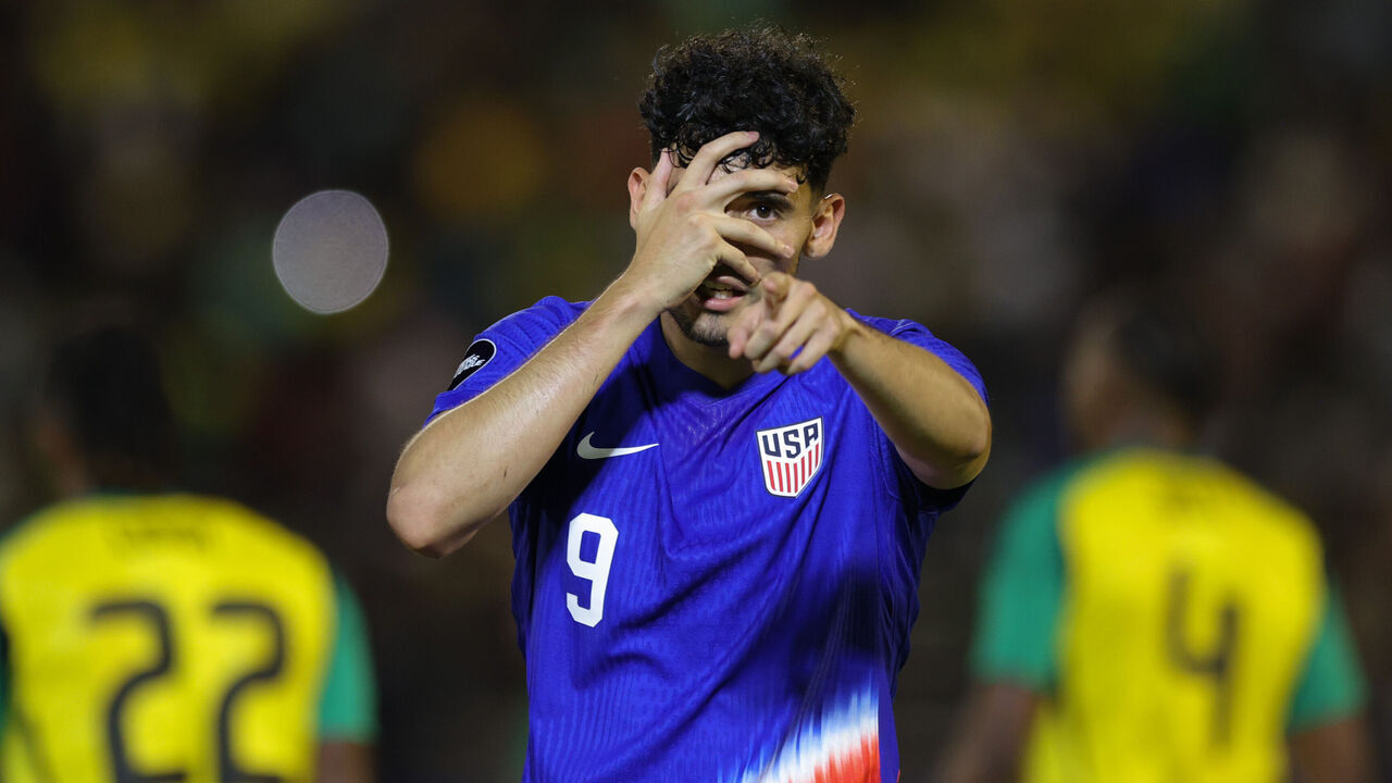 KINGSTON, JAMAICA - NOVEMBER 14: Ricardo Pepi #9 of the United States celebrates scoring during the first half against Jamaica at National Stadium on November 14, 2024 in Kingston, Jamaica.