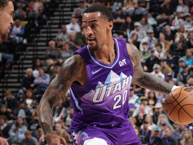 SALT LAKE CITY, UT - NOVEMBER 14: John Collins #20 of the Utah Jazz dribbles the ball during the game against the Dallas Mavericks on November 14, 2024 at Delta Center in Salt Lake City, Utah. Mandatory Copyright Notice: Copyright 2024 NBAE