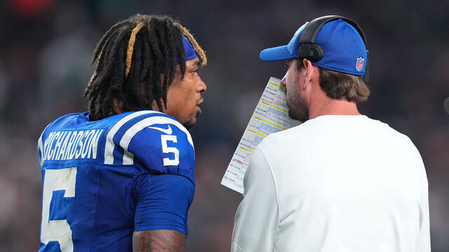 PHILADELPHIA, PENNSYLVANIA - AUGUST 24: Anthony Richardson #5 of the Indianapolis Colts talks to head coach Shane Steichen against the Philadelphia Eagles in the first half of the preseason game at Lincoln Financial Field on August 24, 2023 in Philadelphia, Pennsylvania.