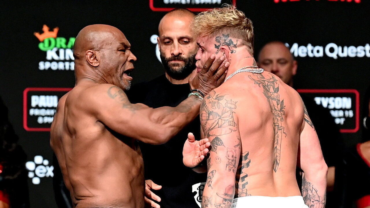 Texas , United States - 14 November 2024; Mike Tyson, left, and Jake Paul face off during weigh-ins, held at Toyota Music Factory in Irving, Texas, USA, ahead of their heavyweight bout, on November 15th at AT&T Stadium in Arlington, Texas.