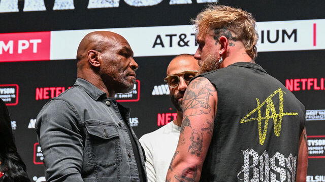 IRVING, TEXAS - NOVEMBER 13: Mike Tyson and Jake Paul pose at a press conference at the Toyota Music Factory in Irving, Texas on November 13, 2024 for their heavyweight world titles of the Premiere Boxing Championship which will be on November 15 Friday night at AT&T Stadium in Arlington, Texas, United States.