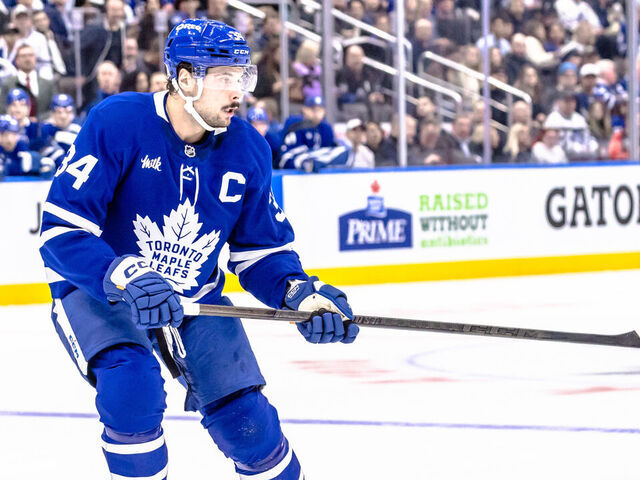 TORONTO, ON - OCTOBER 31: Toronto Maple Leafs center Auston Matthews (34) is seen during the first period of an NHL game between the Seattle Kraken and the Toronto Maple Leafs on October 31, 2024, at Scotiabank Arena in Toronto, ON.