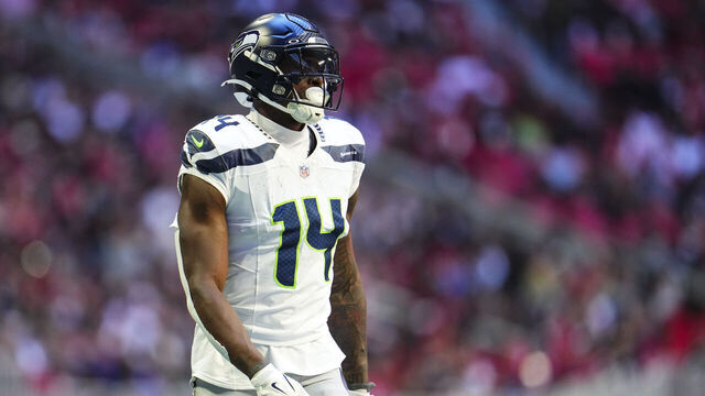 ATLANTA, GA - OCTOBER 20: DK Metcalf #14 of the Seattle Seahawks looks on from the field during an NFL football game against the Atlanta Falcons at Mercedes-Benz Stadium on October 20, 2024 in Atlanta, Georgia.