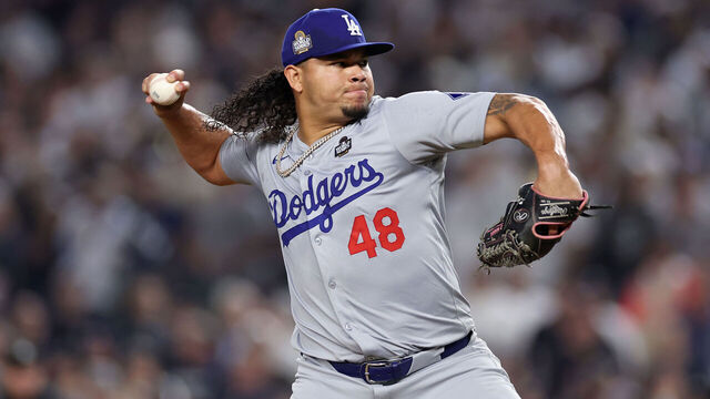 NEW YORK, NEW YORK - OCTOBER 30: Brusdar Graterol #48 of the Los Angeles Dodgers pitches during the sixth inning of Game Five of the 2024 World Series against the New York Yankees at Yankee Stadium on October 30, 2024 in the Bronx borough of New York City.
