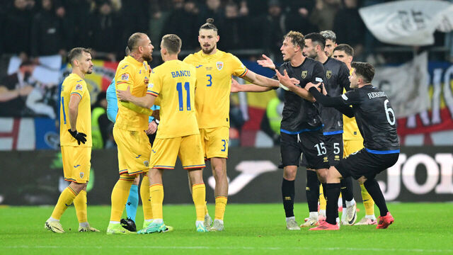 Kosovo's players argue with Romania's players before leaving the pitch during the extra-time of the UEFA Nations League, League C, Group 2 football match between Romania and Kosovo in Bucharest, Romania on November 15, 2024.