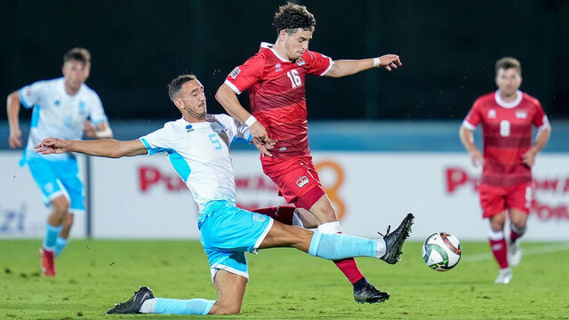 San Marino, San Marino - September 5: Fabio Luque Notaro of Liechtenstein and Michele Cevoli of San Marino compete for the ball during the UEFA Nations League 2024/2025 League D - Group 1 match between San Marino and Liechtenstein at San Marino Stadium on September 5, 2024 in San Marino, San Marino.