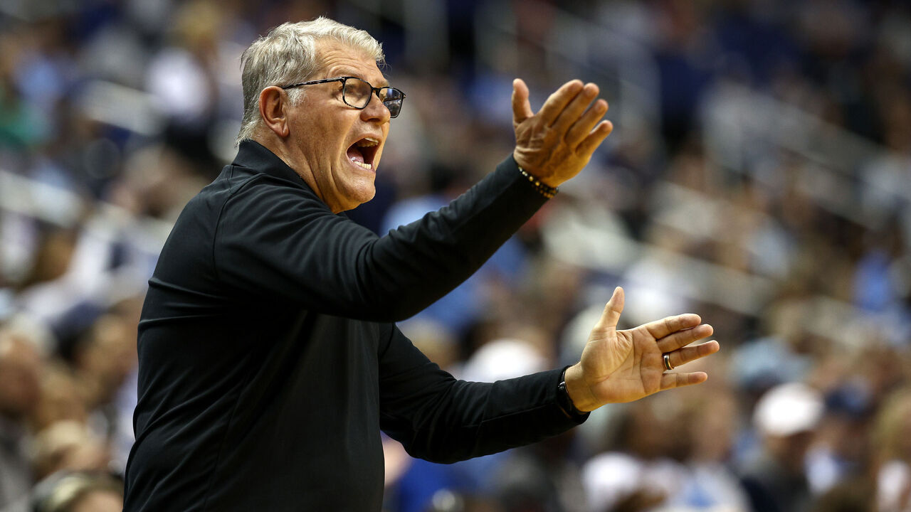 GREENSBORO, NORTH CAROLINA - NOVEMBER 15: Head coach Geno Auriemma of the UConn Huskies reacts during the first half of the game against the North Carolina Tar Heels at First Horizon Coliseum on November 15, 2024 in Greensboro, North Carolina.