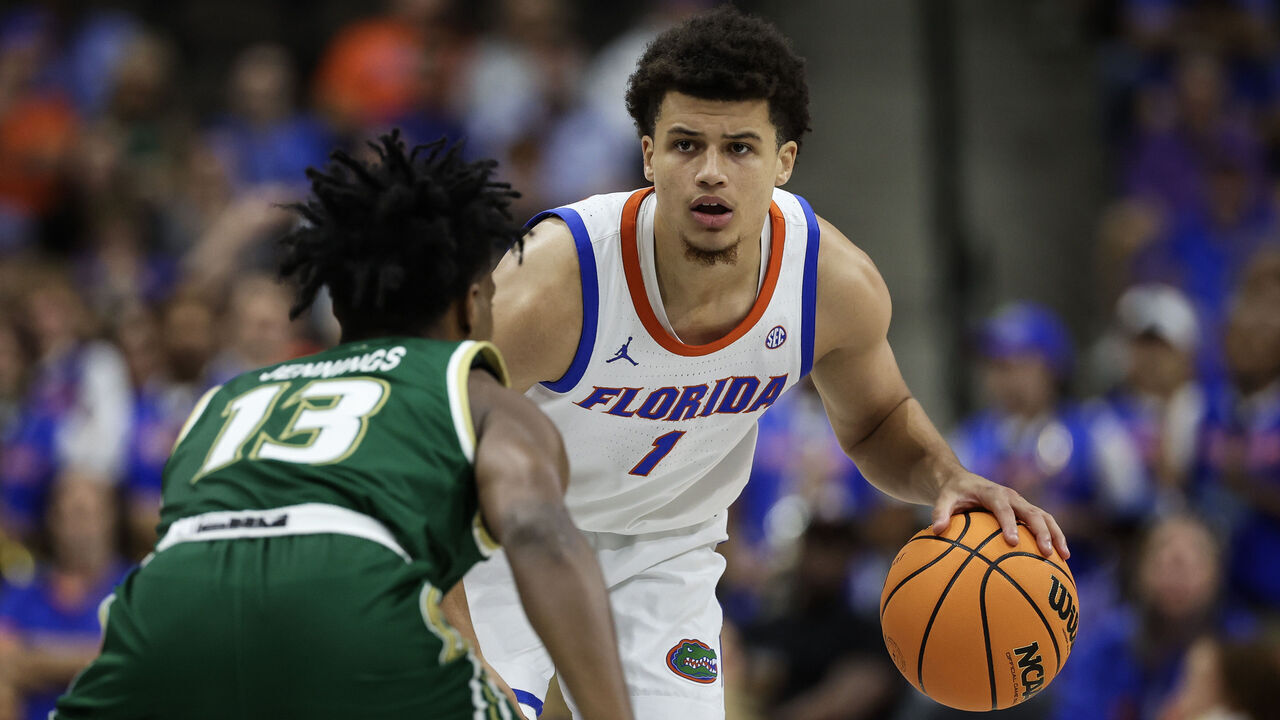 JACKSONVILLE, FLORIDA - NOVEMBER 04: Walter Clayton Jr. #1 of the Florida Gators dribbles the ball during the first half of a game against the South Florida Bulls at VyStar Veterans Memorial Arena on November 04, 2024 in Jacksonville, Florida.