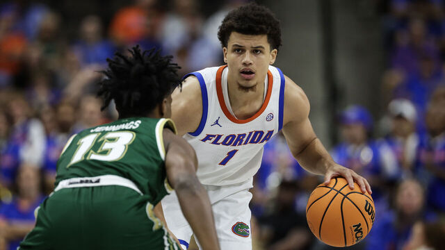 JACKSONVILLE, FLORIDA - NOVEMBER 04: Walter Clayton Jr. #1 of the Florida Gators dribbles the ball during the first half of a game against the South Florida Bulls at VyStar Veterans Memorial Arena on November 04, 2024 in Jacksonville, Florida.